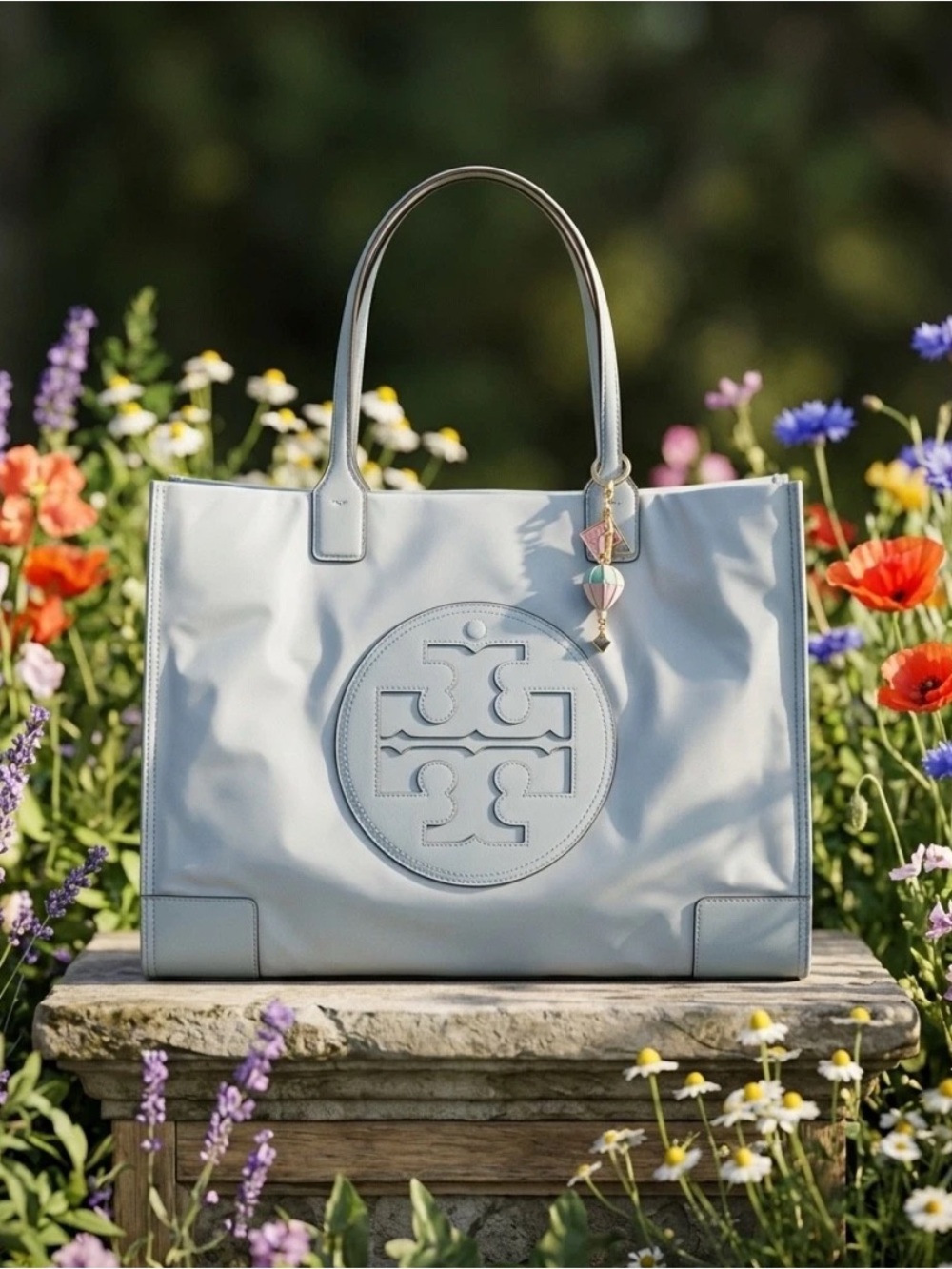 NEW Tory Burch Ella Powder Blue Nylon Tote Bag + Hot Air Balloon Bag Charm